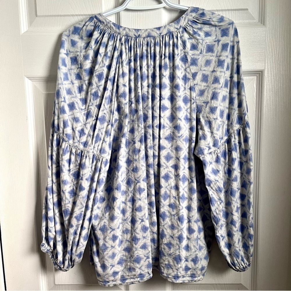GAP Blouse Top Large Women Split Neck 3/4 Sleeve Blue Boho Peasant Summer - Picture 5 of 5